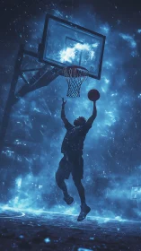 Neon street basketball dunk under stormlit night sky.