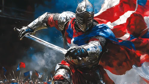 Armored knight charges with banner-draped greatsword.