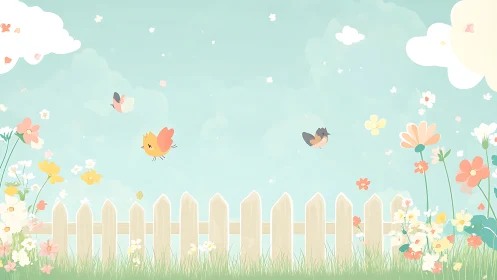Pastel garden fence with birds under soft spring sky.
