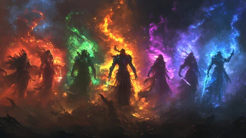 Elemental spectral warriors aligned in chromatic flames.