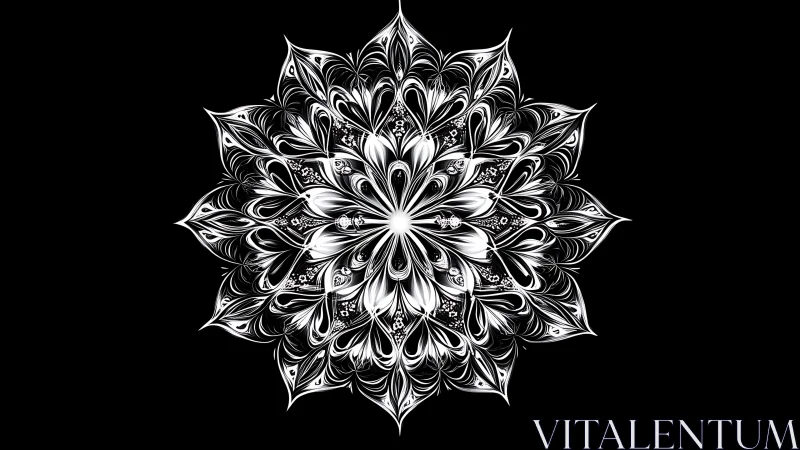 Luminous black and white mandala blossoming in gentle symmetry.
