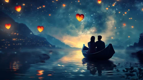 Couple in Boat Under Glowing Heart-Shaped Lanterns