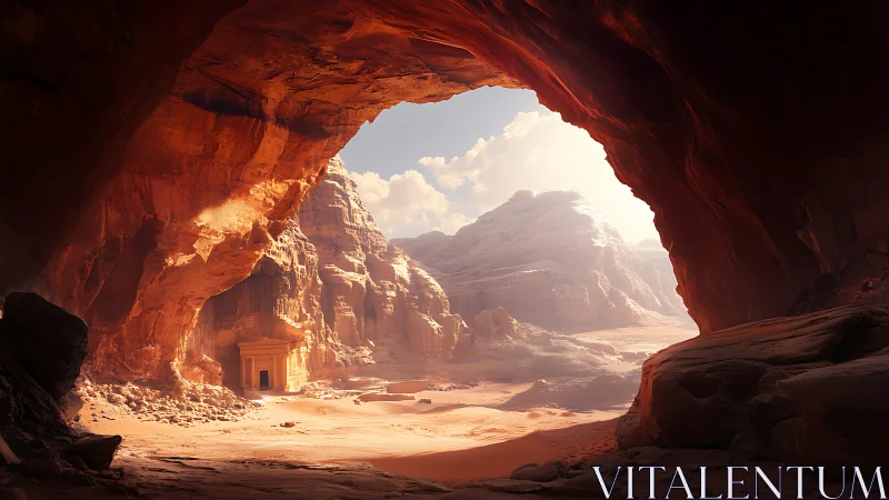 Sunlit desert cavern opening onto hidden sandstone temple.