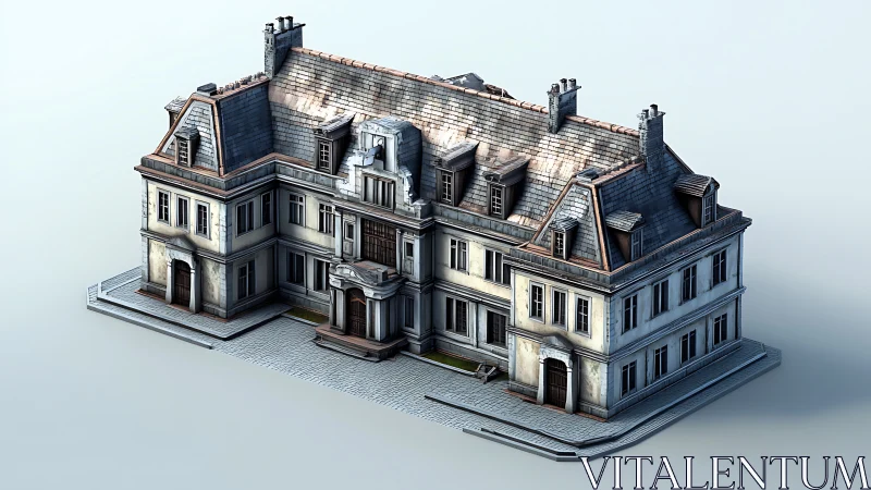 3D rendered French townhouse block with mansard roof detailing.