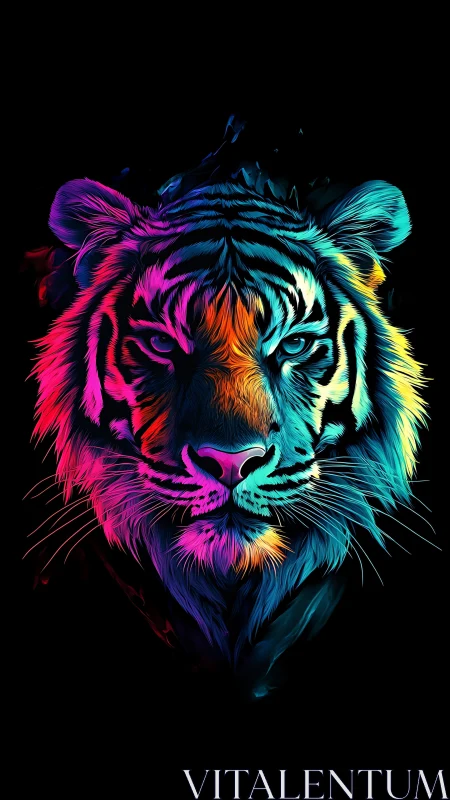 Neon dusk tiger blazing through the void of midnight black.
