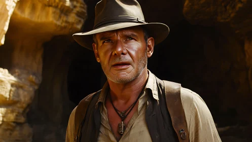 Weathered desert explorer stands alert at cavern entrance