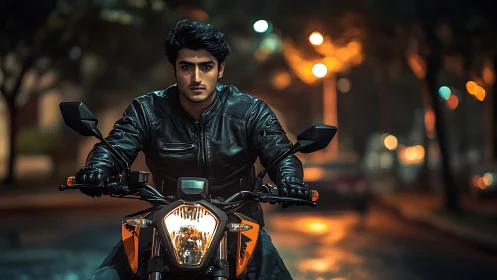 Confident rider powers through neon city streets at night