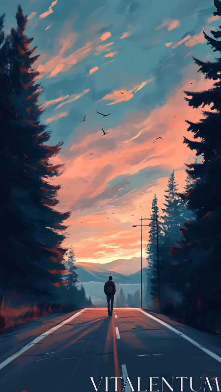 Solitary traveler walks forest road under vivid dawn sky