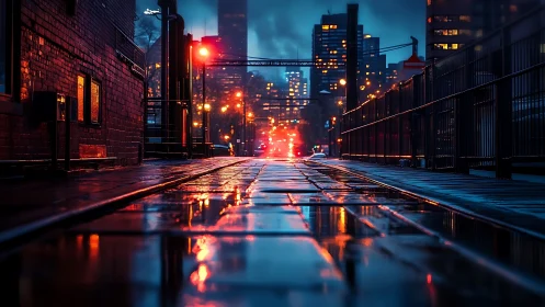Wet urban alley with illuminated skyline at night.