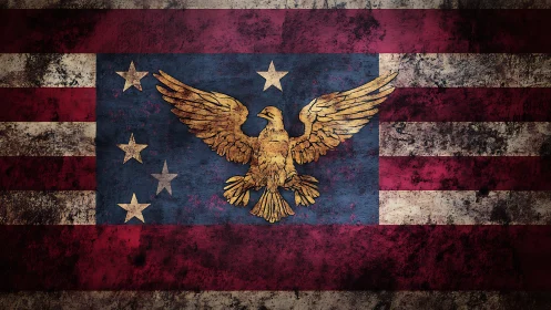 Weathered eagle standard across scarred crimson stripes.