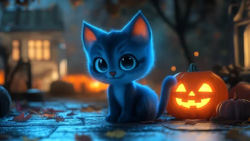 Luminescent Blue Kitten with Jack-O'-Lantern in Autumn Dusk Setting.