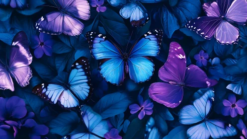 Violet and blue butterflies over deep midnight foliage.