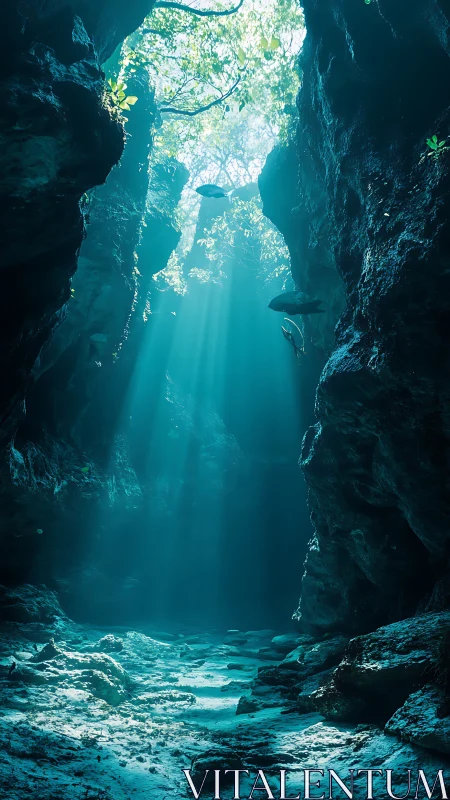 Submerged canyon illuminated by volumetric sunbeams and fauna