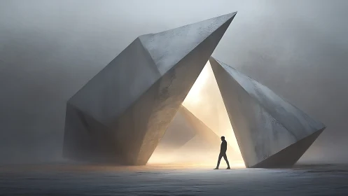 Geometric Portal: Monumental Concrete Structure with Interior Luminescence.
