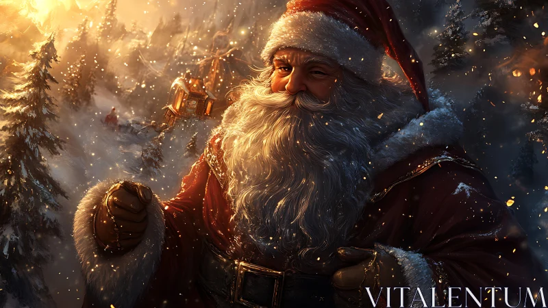 Santa Claus walks through snowy forest at golden sunset