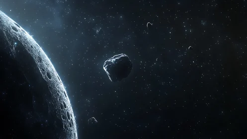 High-contrast asteroid belt scene with cratered moon limb in deep space