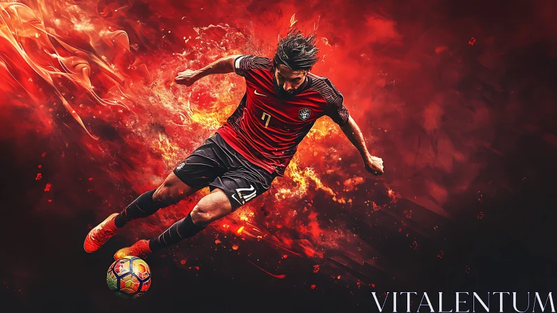 Digital artwork of soccer player kicking ball in red flames.
