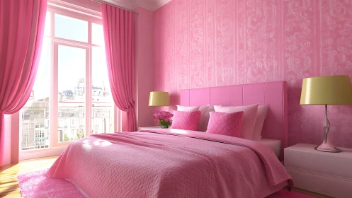 Sunlit pink bedroom embraces city views with cozy elegance