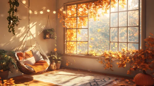 Sunlit autumn reading nook with hammock chair and foliage glow