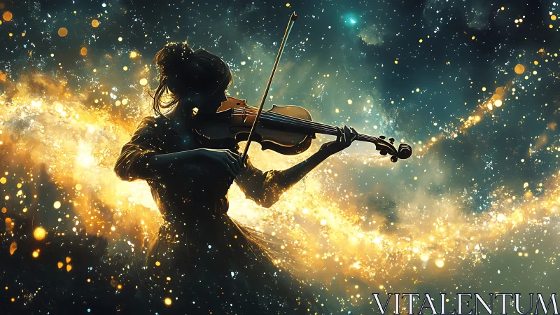 Celestial silhouette violinist in luminous particle nebula.