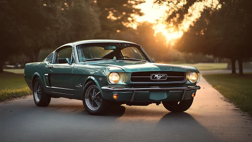 Classic green Ford Mustang glows in warm sunset light.