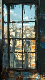 Sunlit city skyline glimpsed through a timeworn window.