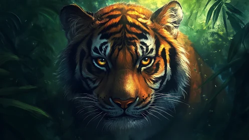 Tiger portrait in dense jungle with focused amber gaze.