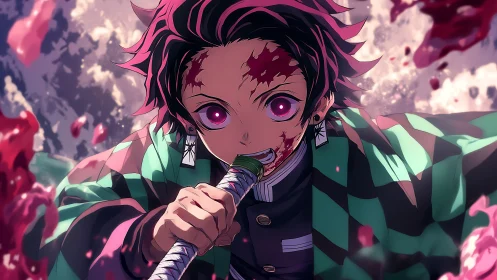 Blood-splattered anime swordsman in dynamic combat close-up.