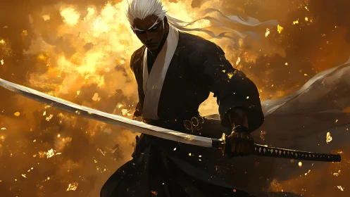 Stormlit swordsman holds his blade steady in golden fire