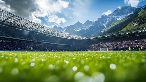 Mountain-ringed football stadium basks in bright matchday light