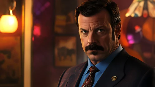 Stoic mustached detective glows in neon bar hush.