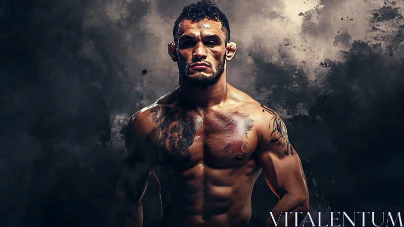 Photorealistic fighter portrait with dramatic chiaroscuro lighting.