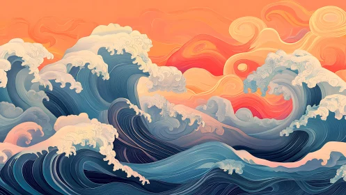 Layered stylized ocean waves under swirling sunset sky.