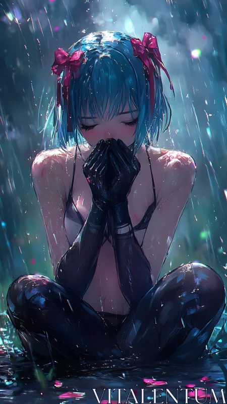 Melancholic blue‑haired girl kneels in rain with cinematic lighting
