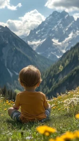 Child in alpine meadow facing towering summer mountains.