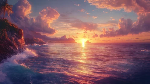 Coastal seascape at sunset with clouds and distant islets.