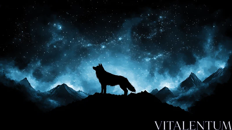 Lone wolf silhouette watches a luminous, star-filled night sky.
