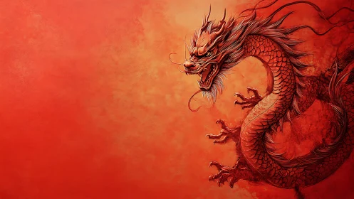Red oriental dragon illustration on textured background.