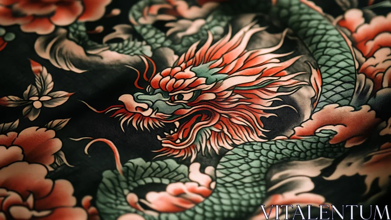 Dragon illustration printed on dark floral patterned fabric