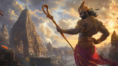 Warrior demigod overlooks golden temple city at dawn.