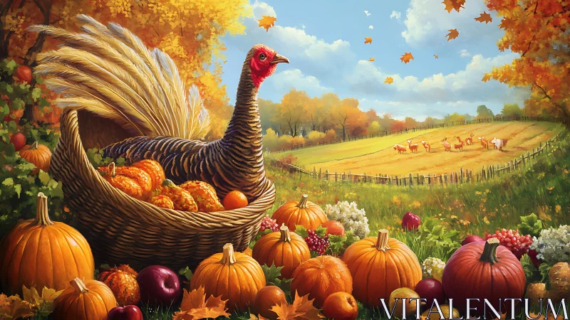 Autumn harvest tableau with turkey in woven basket amid pumpkins