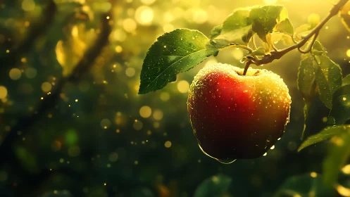 Sunlit dewy apple glowing softly in a golden orchard.