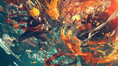 Fiery ninja rivals clash midair in a swirling elemental storm