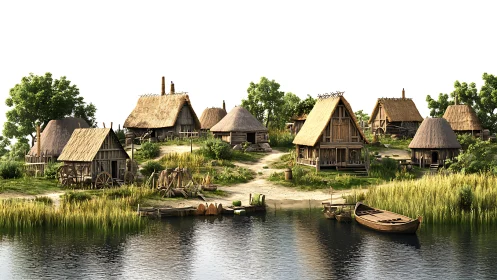 Riverside medieval village with wooden thatched buildings shown.