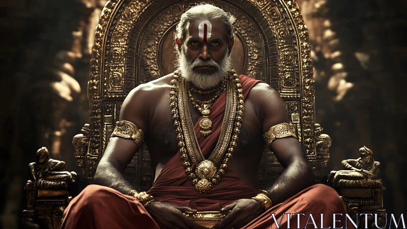 Regal Hindu sage sits on ornate golden temple throne.
