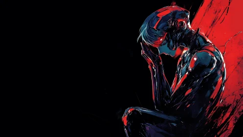 Crouched cybernetic figure rendered in red and blue contrast