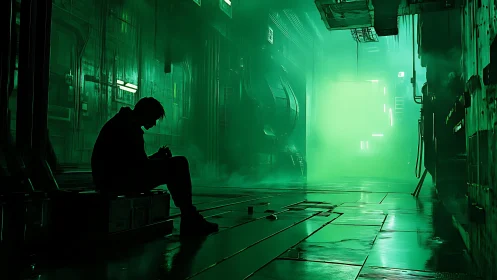 Silhouetted figure in green industrial corridor interior scene.