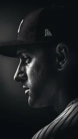 Monochrome side-profile study of focused baseball player portrait.