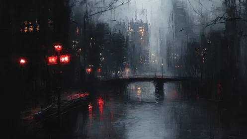 Mist-kissed city canal under glowing ruby streetlamps.