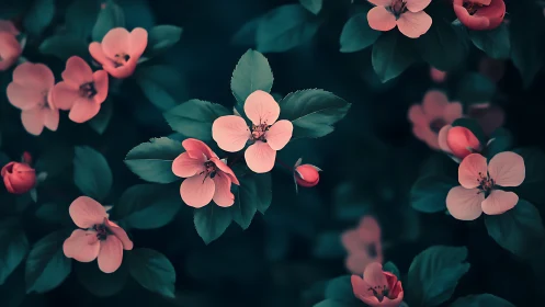 Dichromatic Botanical Study: Coral Blossoms Against Teal Foliage.